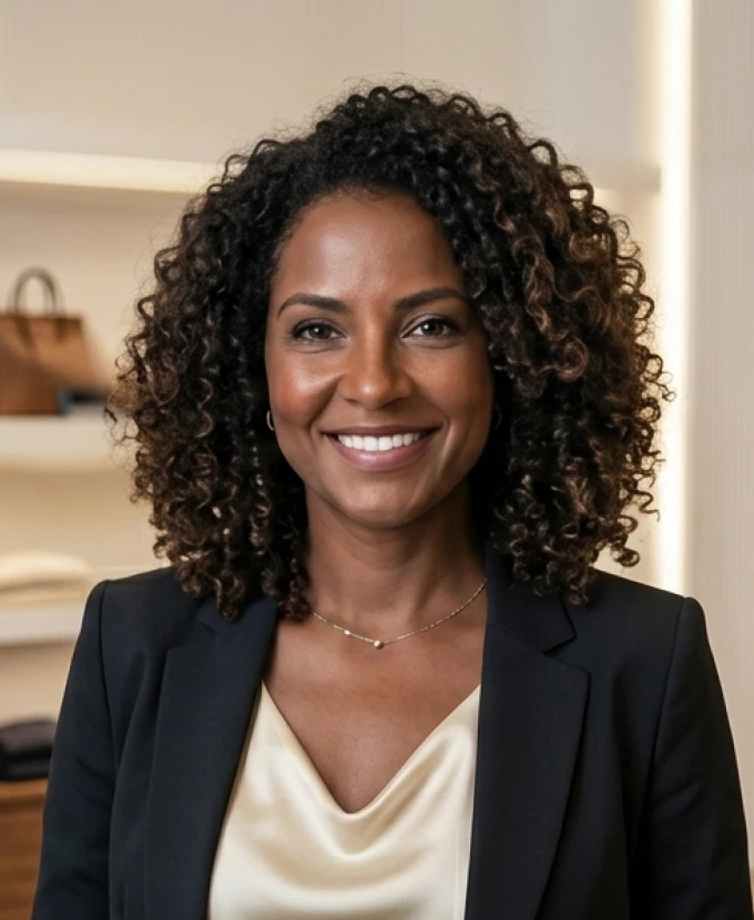 Dona de loja sorrindo na área de vendas