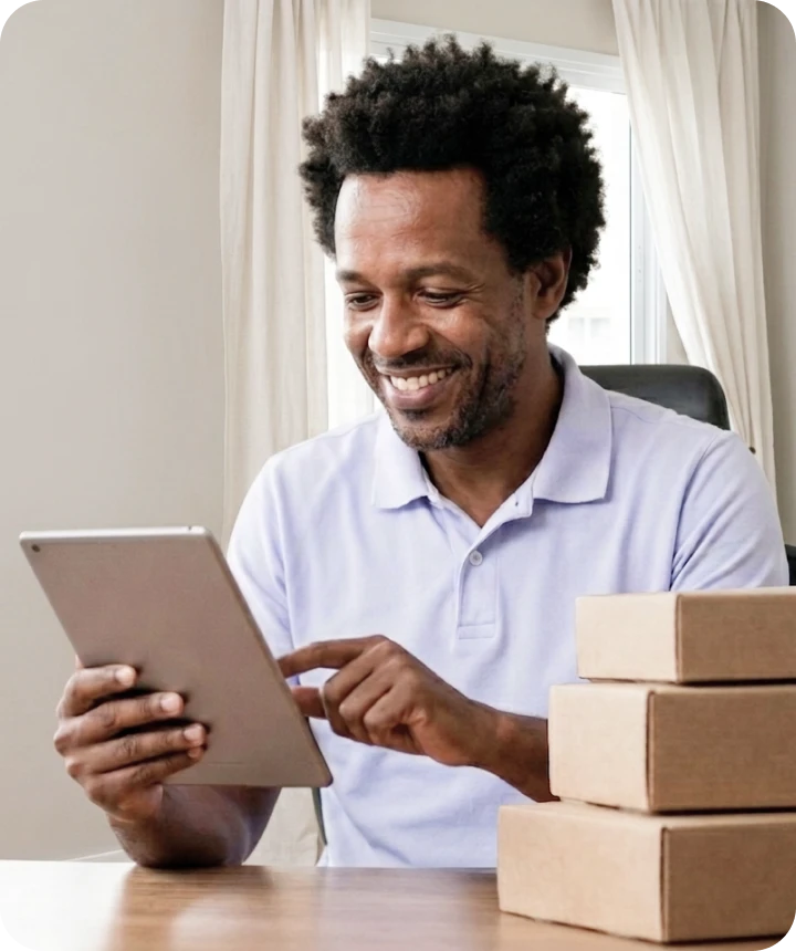Empresário conferindo o estoque no tablet ao lado de caixas prontas para envio