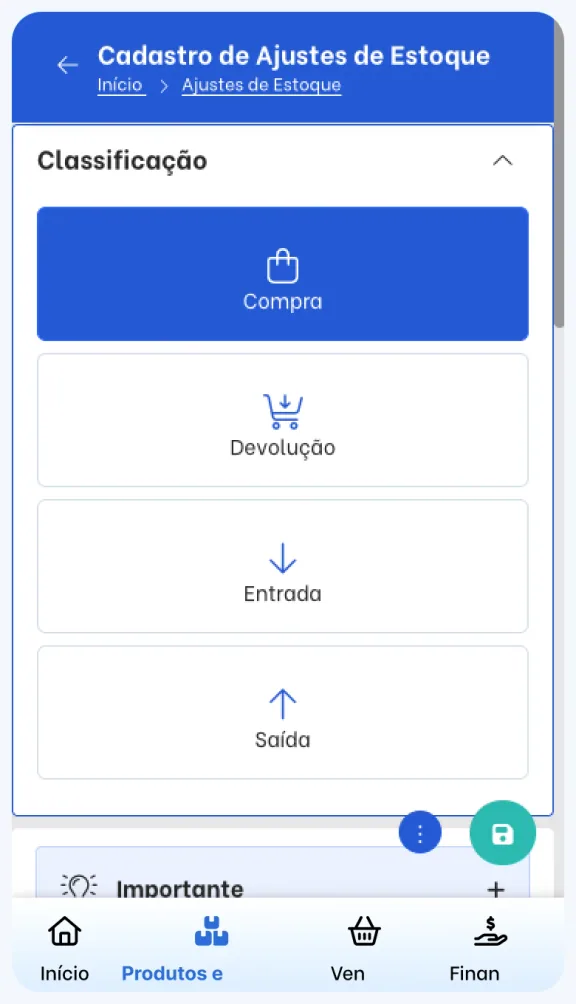 Cadastro de ajustes de estoque no TagPlus com os tipos Compra, Devolução, Entrada e Saída