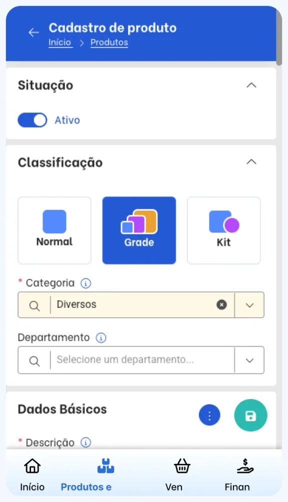Cadastro de produto no TagPlus com a classificação Grade selecionada