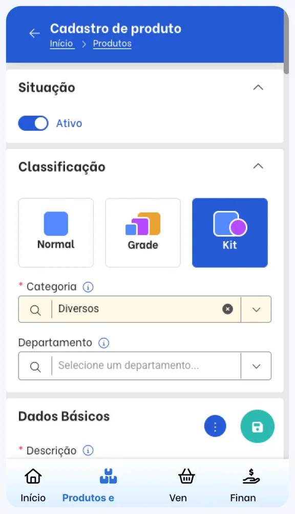Cadastro de produto no TagPlus com a classificação Kit selecionada