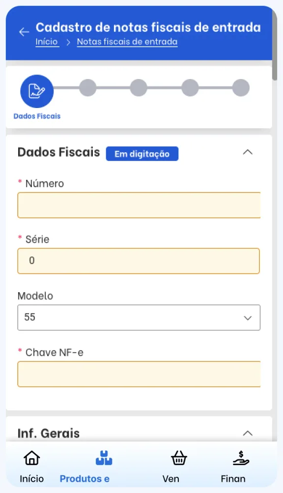 Tela de notas fiscais de entrada do TagPlus com evolução de notas criadas e últimas notas emitidas