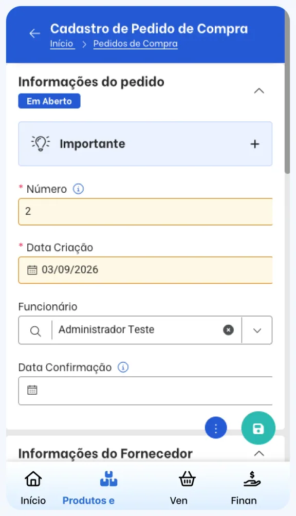 Cadastro de pedido de compra no TagPlus com informações do fornecedor e itens