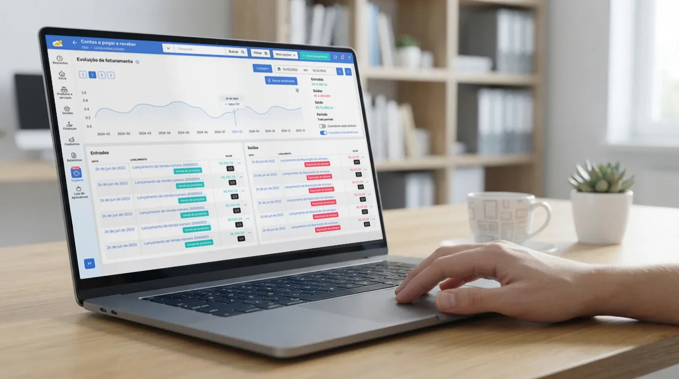 Notebook com a tela de Contas a pagar e receber do TagPlus