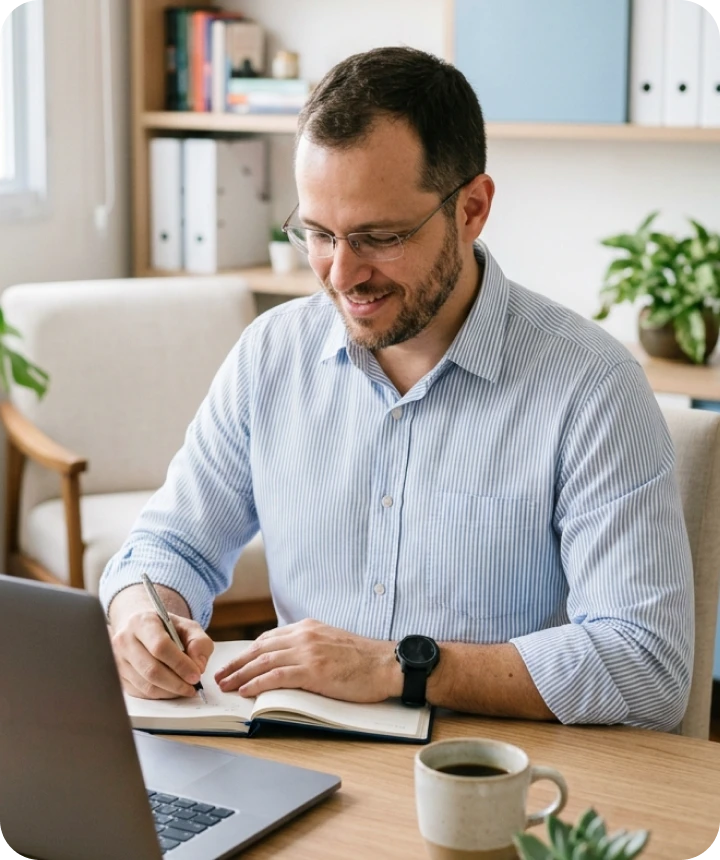 Consultor independente sentado em um escritório, anotando ideias em um caderno enquanto trabalha no notebook