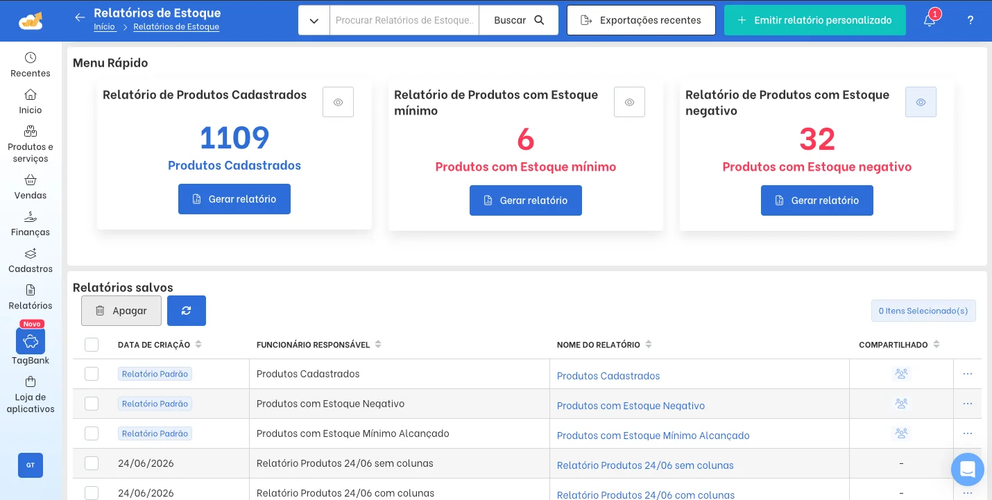 Tela de Relatórios de Estoque do TagPlus