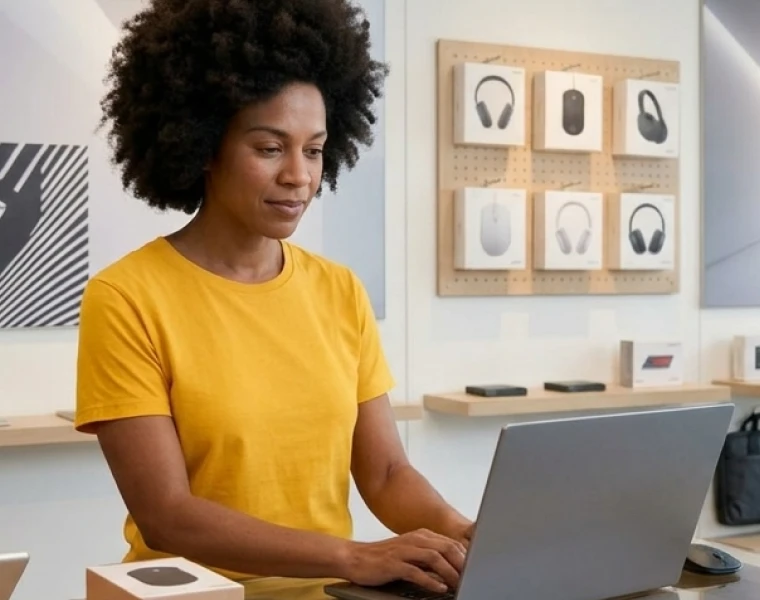Lojista de informática usando o TagPlus no notebook